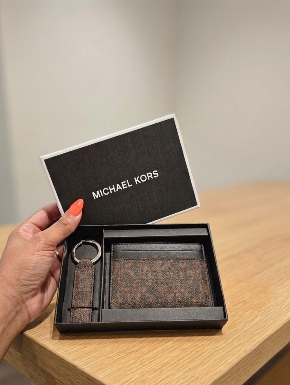 Michael Kors Brown and Black MK Monogram Card Holder with Matching Keyring
